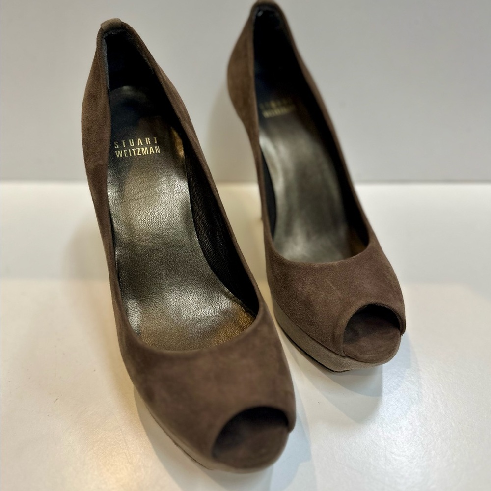 Stuart Weitzman Dark Brown Suede Peep Toe Pumps
